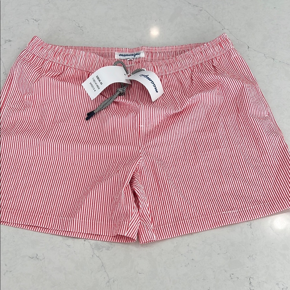 Red and White Swim Trunks with Elastic Waistband